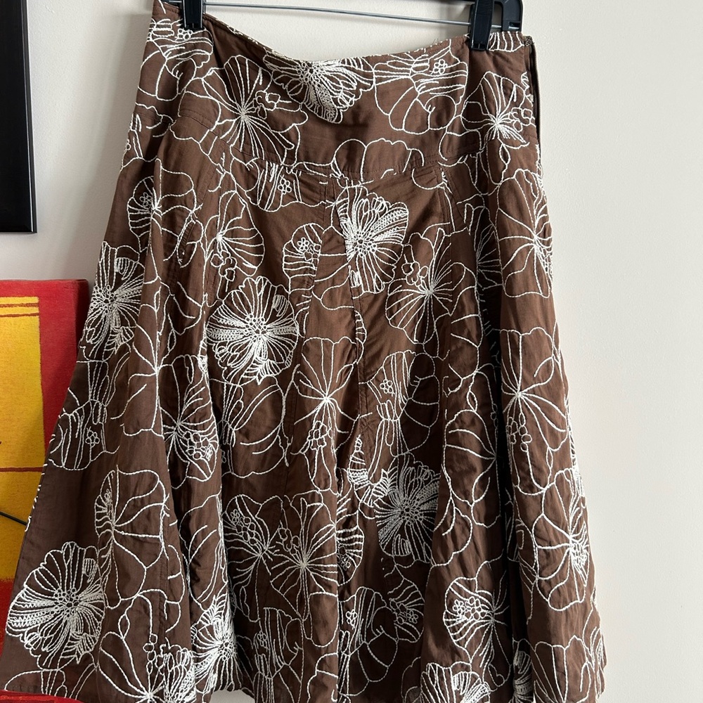 Autograph Brown A-Line Skirt with White Embroidery Floral Pattern